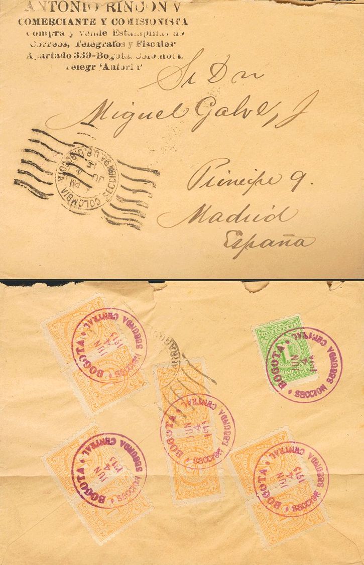 2876 Colombia. 1915. SOBRE. Yv. 185(8), 186. ½ Ctvo Naranja, Ocho Sellos Y 1 Ctvo Verde Amarillo (franqueados Al Dorso). - Colombia