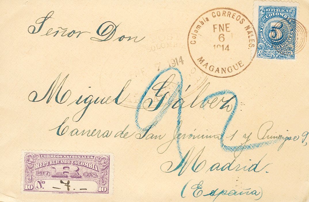 2877 Colombia. 1914. SOBRE. Yv. 188. 5 Ctvos Azul Y 10 Ctvos Violeta De Cartas Certificadas. Certificado De MAGANGUE A M - Colombia