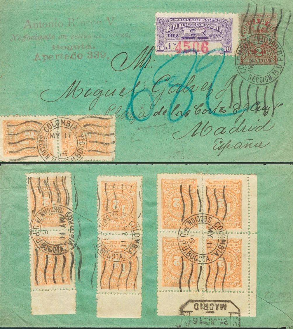 2881 Colombia. Entero Postal. 1916. SOBRE. Yv. 185(10). 2 Ctvos Carmín Sobre Verde Sobre Entero Postal De Certificado De - Colombia