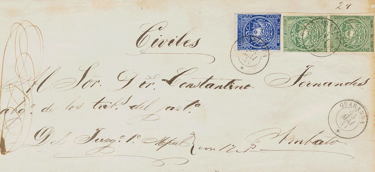 2886 Ecuador. 1866. SOBRE. Yv. 1, 2(2). ½ Real Ultramar Y 1 Real Verde (ambos 2ª Tirada). Frente De Plica Judicial De GU - Ecuador