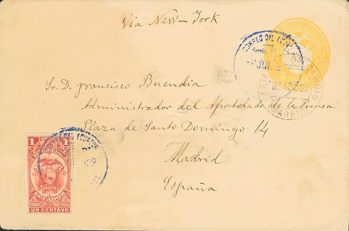 2888 Ecuador. Entero Postal. 1902. SOBRE. Yv. Fiscal 114. 2 Ctvos Amarillo Sobre Entero Postal De GUAYAQUIL A MADRID, Co - Ecuador