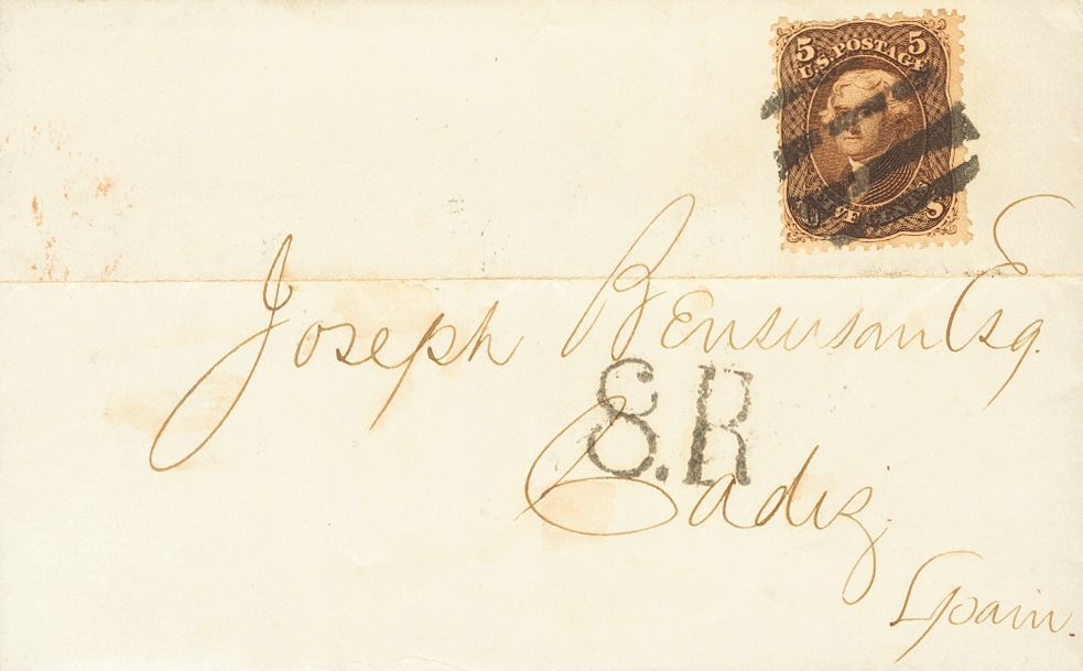 2905 United States. 1865. COVER. Yv. 21. 5 Ctvos Brown. BOSTON To CADIZ. Circular Postmark Of Four Bars And On The Front - Andere & Zonder Classificatie