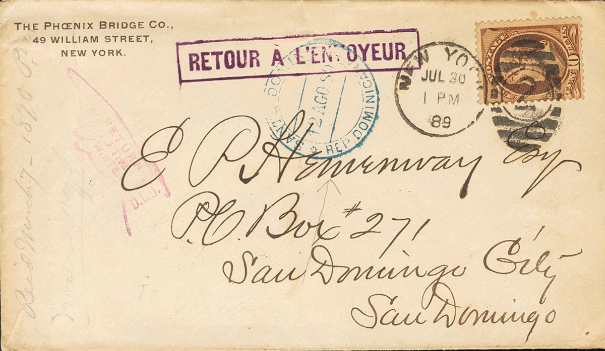 2909 United States. 1889. COVER. Yv. 55B. 10 Ctvos Chestnut Brown (Re-engraved). NEW YORK To SANTO DOMINGO (DOMINICAN RE - Andere & Zonder Classificatie