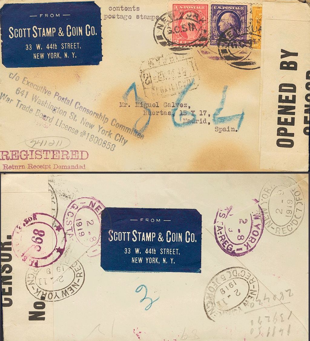 2913 United States. 1919. COVER. Yv. 187B, 169, 183. 10 Ctvos Orange, 2 Ctvos Carmine And 3 Ctvos Violet. Registered Fro - Andere & Zonder Classificatie