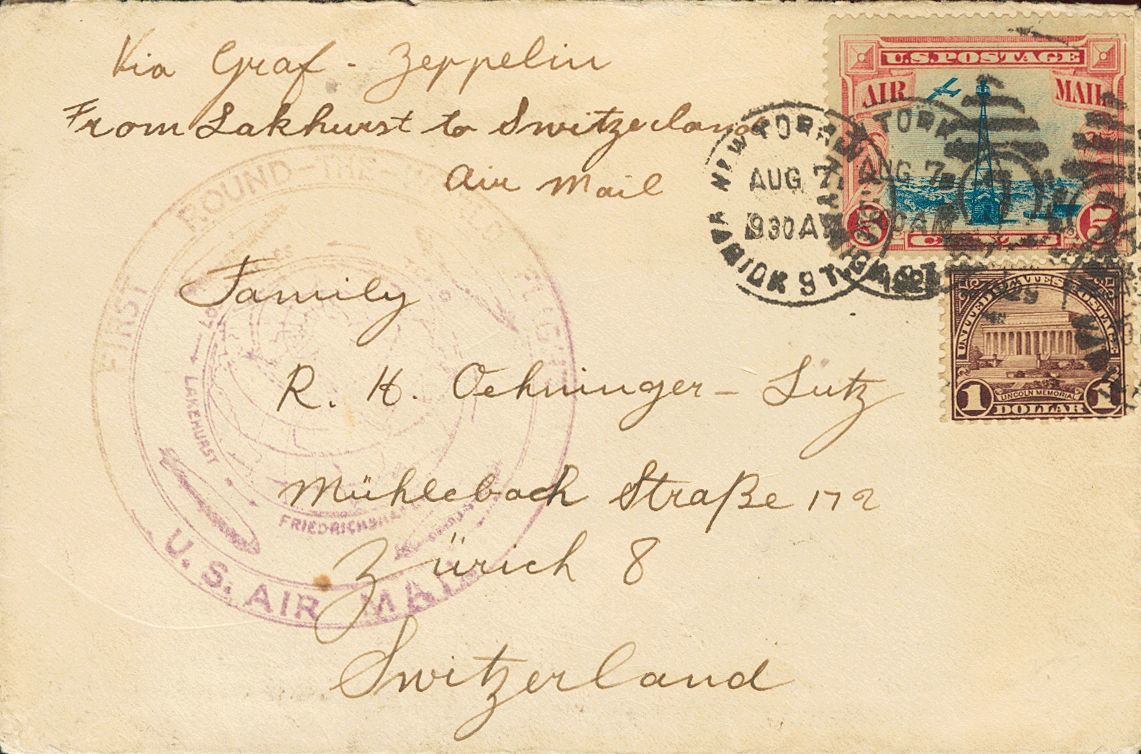 2917 United States. 1929. COVER. Yv. 246, Aéreo 11. 1 $ Violet And 5 Cts Carmine And Blue. Graf Zeppelin From NEW YORK T - Andere & Zonder Classificatie