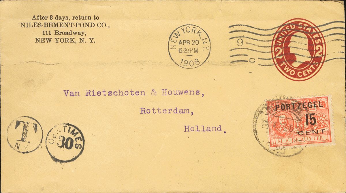 2920 United States. Postal Stationery. 1908. COVER. 2 Ctvos Carmine Chestnut On Postal Stationery From NEW YORK To ROTTE - Andere & Zonder Classificatie