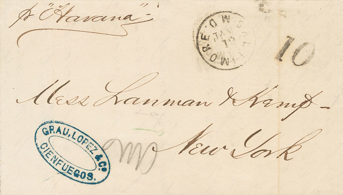 2923 Cuba. 1847. SOBRE. CIENFUEGOS A NUEVA YORK (U.S.A.). Fechador BALTIMORE / M.D., Aplicado En Tránsito, Porte "10" Y  - Cuba (1874-1898)