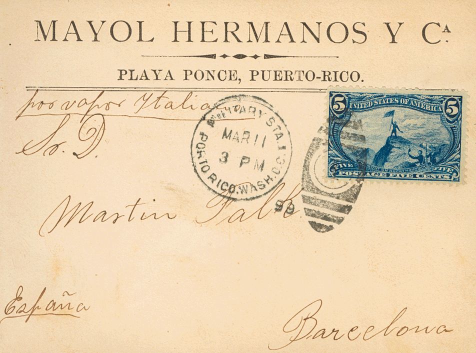 2934 Puerto Rico. 1899. SOBRE. Yv. Estados Unidos, 132. 5 Ctvos Azul. PONCE A BARCELONA. Matasello Dúplex MILITARY STA.  - Puerto Rico