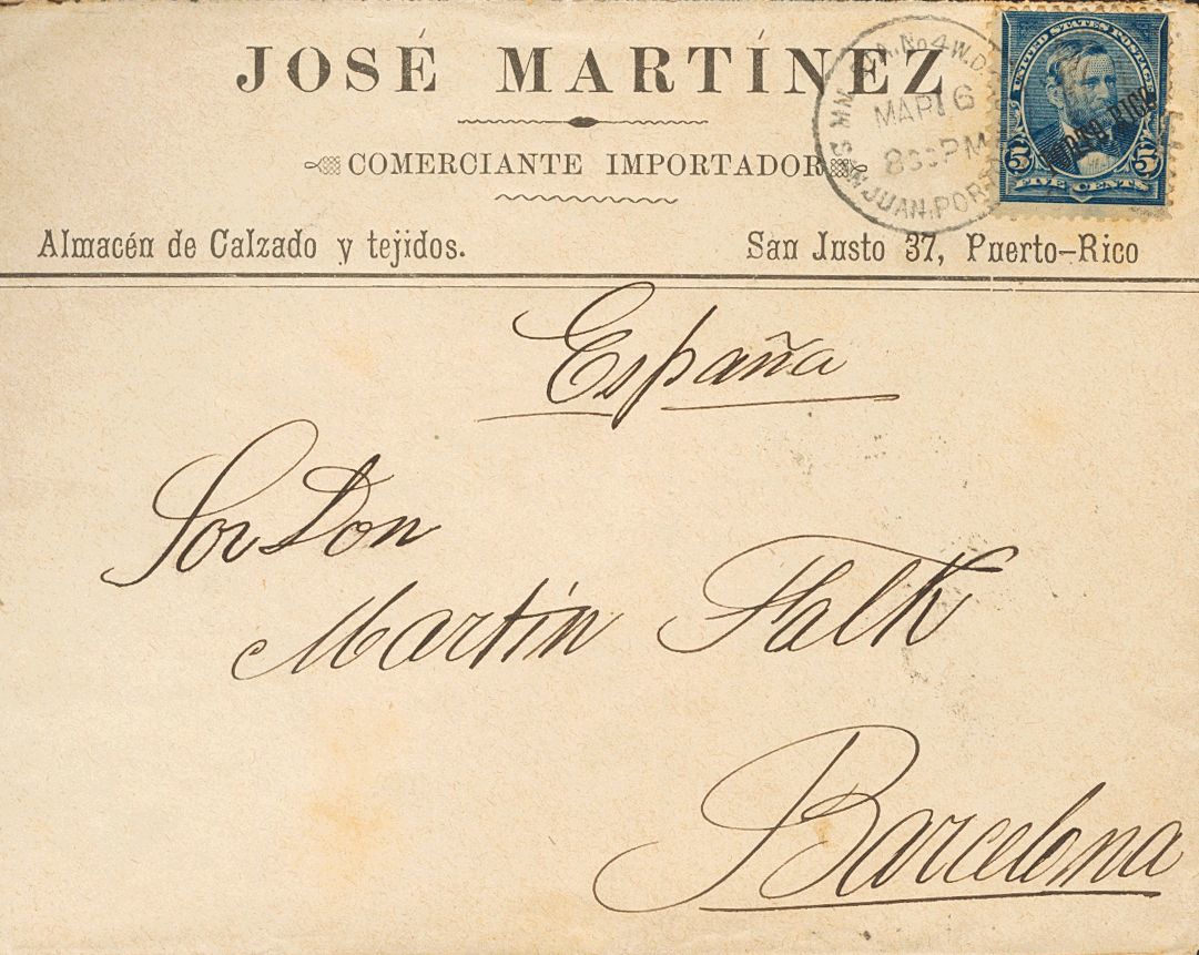 2935 Puerto Rico. 1899. SOBRE. Yv. 176. 5 Ctvos Azul. SAN JUAN A BARCELONA. Matasello Dúplex MIL.STA.W.D.C. / SAN JUAN.  - Puerto Rico
