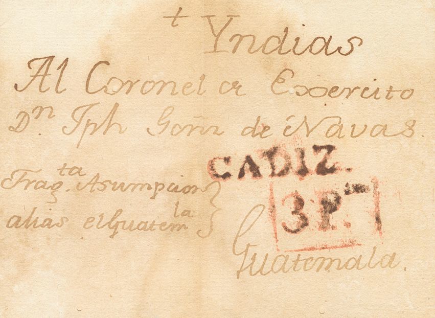 2980 Guatemala. Prefilatelia. (1779ca). SOBRE. CADIZ A GUATEMALA. Marca CADIZ, En Rojo Aplicada En Origen (P.E.13) Edici - Guatemala