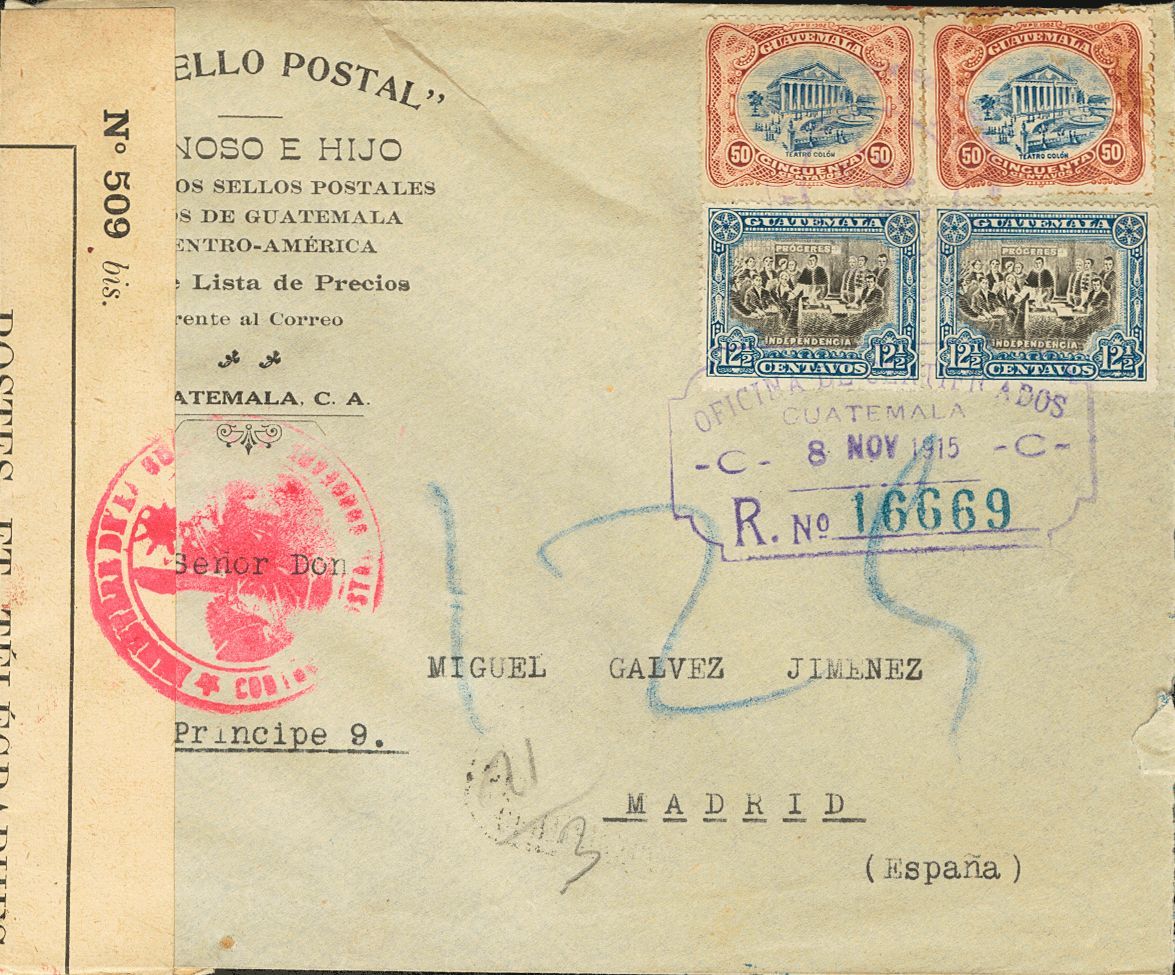 2985 Guatemala. 1915. SOBRE. Yv. 137(2), 126(2). 12 ½ Ctvos Azul Y Negro, Dos Sellos Y 50 Ctvos Castaño Rojo Y Azul. Cer - Guatemala