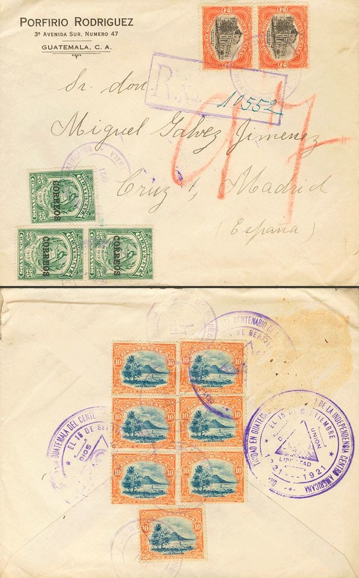 2987 Guatemala. 1921. SOBRE. Yv. 173(3), 124(7), 129(2). 25 Cts Verde (Tipo I), Tres Sellos, 2 Pesos Naranja Y Negro, Do - Guatemala