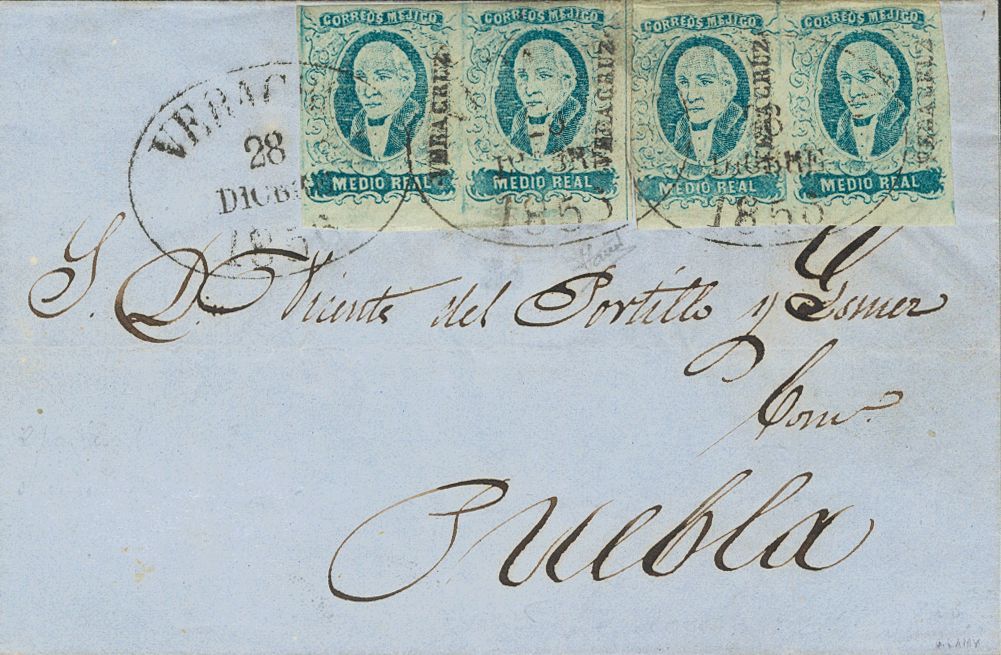 2997 Méjico. 1856. SOBRE. Yv. 1A(4). ½ Real Azul, Dos Parejas. VERACRUZ A PUEBLA. Matasello Fechador Oval VERACRUZ, Fran - Mexico