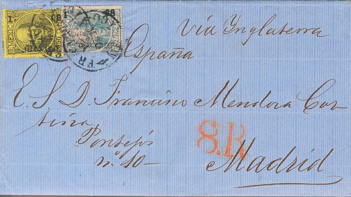 3011 Méjico. 1868. SOBRE. Yv. 45aII, 46aII. 25 Ctvos Azul Claro (sin Punto) Y 50 Ctvos Negro Sobre Amarillo (sin Punto). - Mexico