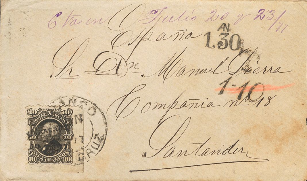 3013 Méjico. 1877. SOBRE. Yv. 56. 10 Ctvos Negro (Veracruz 50-77). VERACRUZ A SANTANDER, Circulada Vía Londres. En El Fr - Mexico