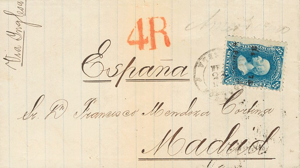 3015 Méjico. 1875. SOBRE. Yv. 58. 25 Ctvos Azul. PUEBLA A MADRID. Matasello Fechador PUEBLA Y En Frente Porteo "4 R" (re - Mexico