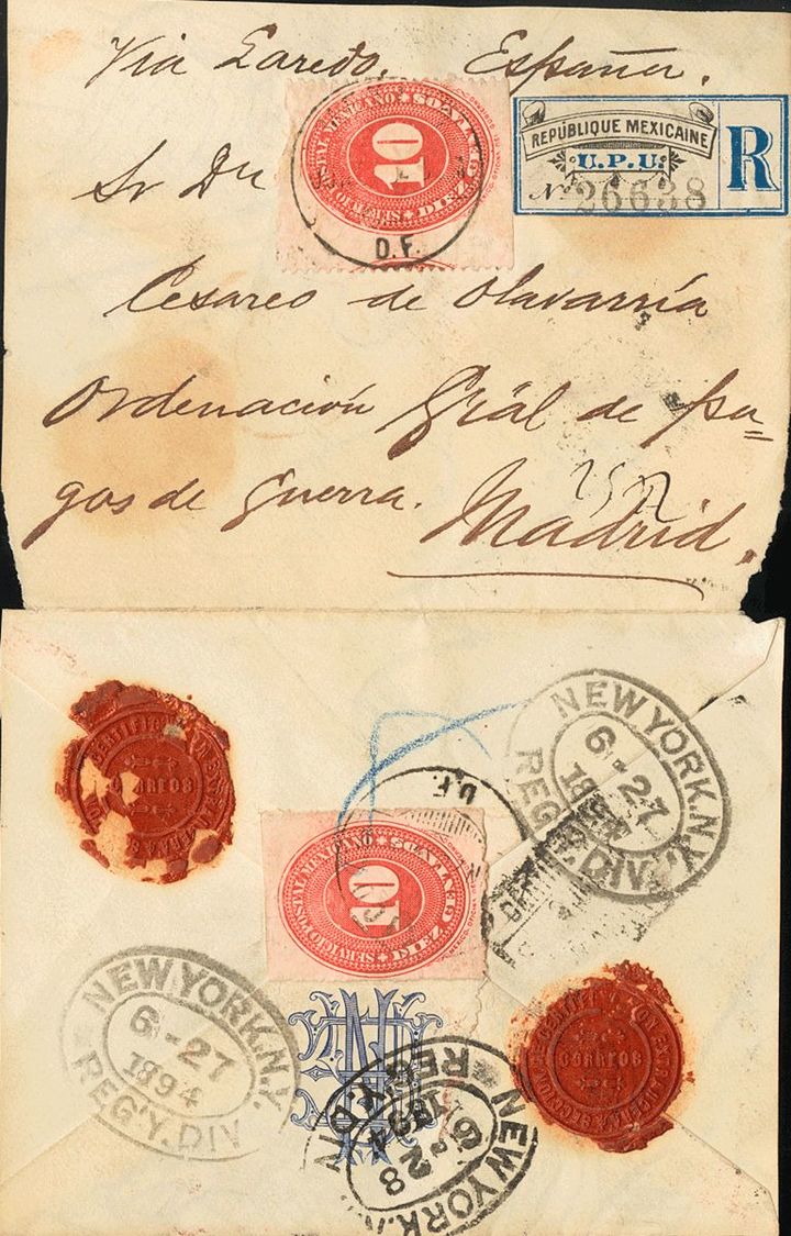 3016 Méjico. 1894. SOBRE. Yv. 114(2). 10 Ctvos Rojo, Dos Sellos (uno Al Dorso). Certificado De MEXICO A MADRID, Circulad - Mexico