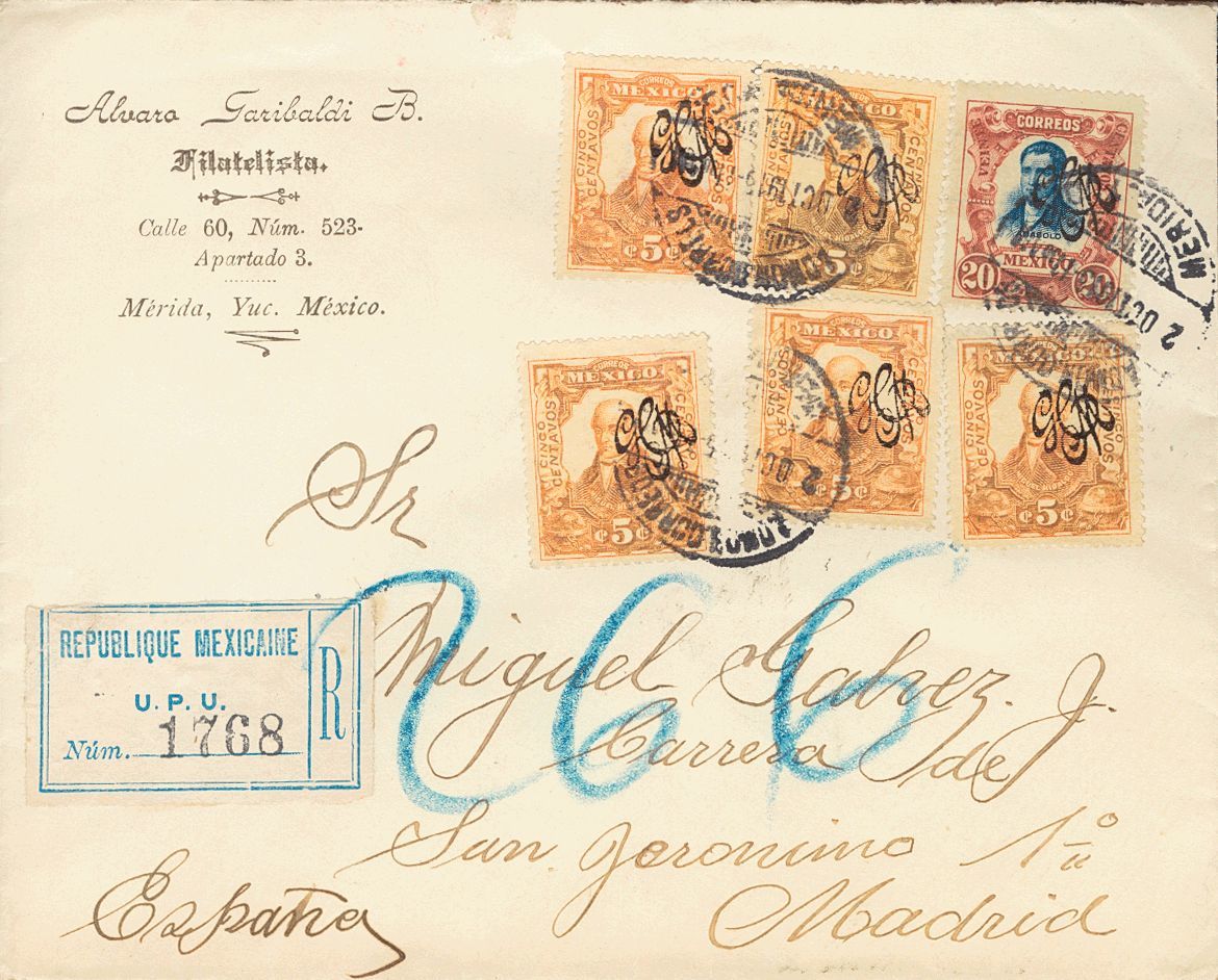 3017 Méjico. 1915. SOBRE. Yv. 322(5), 325. 5 Ctvos Naranja, Cinco Sellos Y 20 Ctvos Rojo Y Azul. Certificado De MERIDA A - Mexico