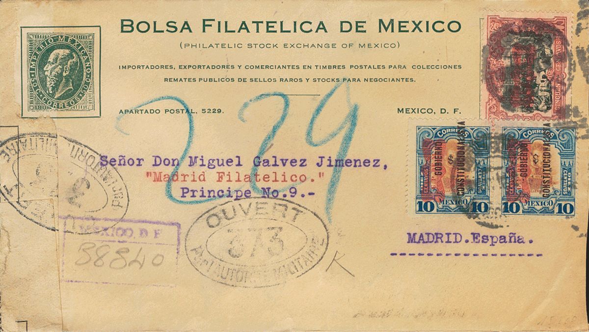 3020 Méjico. 1916. SOBRE. Yv. 361a, 364. 10 Ctvos Azul Y Naranja, Dos Sellos Y 50 Ctvos Rojo Castaño Y Negro. Certificad - Mexico