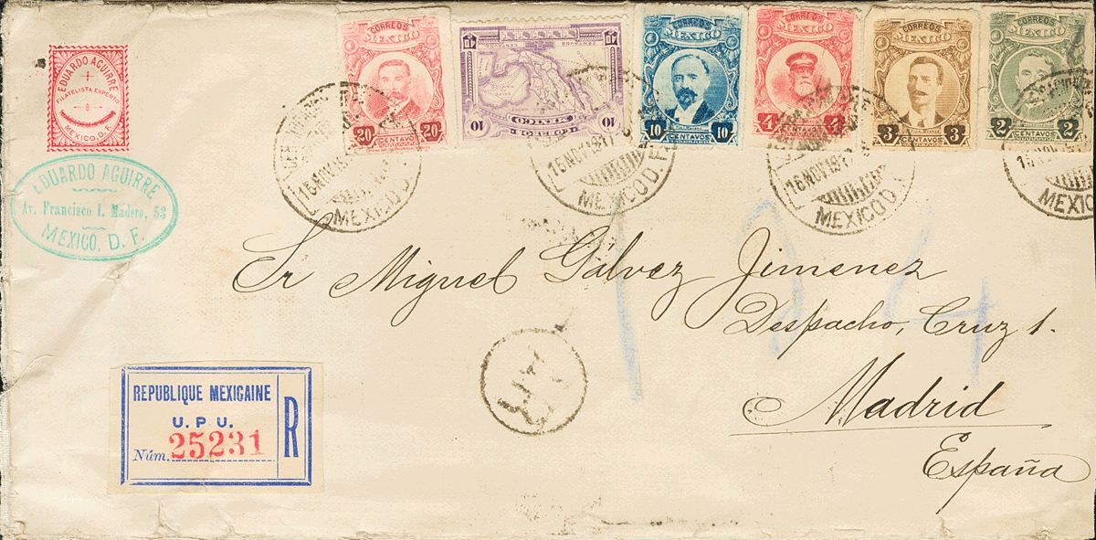 3021 Méjico. 1919. SOBRE. Yv. 391/93, 395/96, 401. 2 Ctvos, 3 Ctvos, 4 Ctvos, 10 Ctvos, 20 Ctvos Y 40 Ctvos Violeta. Cer - Mexico