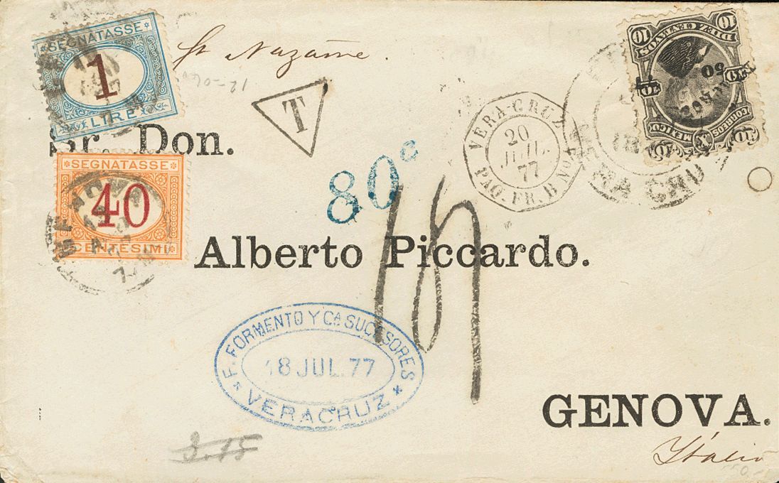 3023 Mexico. French Post Office. 1877. COVER. Yv. 56. 10 Ctvos Black. VERACRUZ To GENOVA, Circulated By The French Post  - Mexico