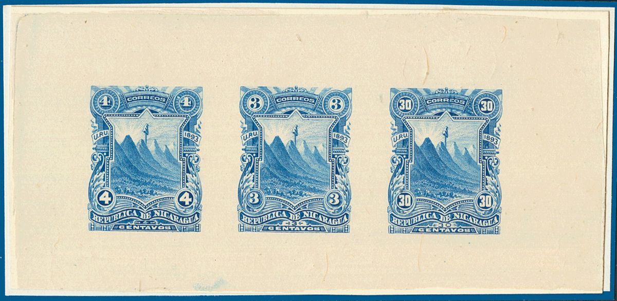 3031 Nicaragua. 1893. Yv. (*). 3 Ctvos, 4 Ctvos Y 30 Ctvos (valores NO EMITIDOS). PRUEBA DE PUNZON COLECTIVA, En Azul. M - Nicaragua