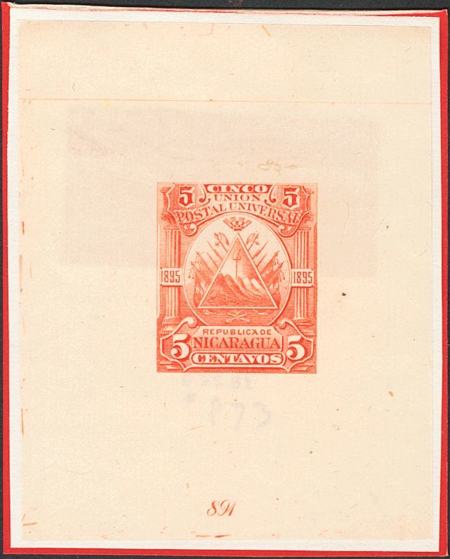 3035 Nicaragua. 1895. Yv. (*) 73. 5 Ctvos Rojo. PRUEBA DE PUNZON, En Rojo Con Numeración. MAGNIFICA. - Nicaragua