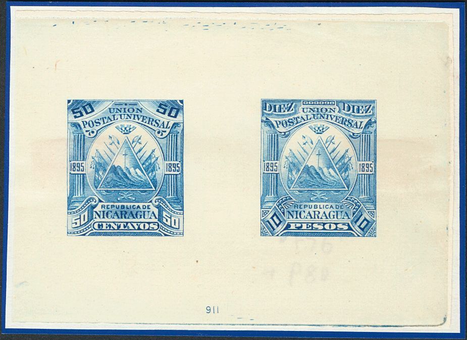 3036 Nicaragua. 1895. Yv. (*) 76, 80. 50 Ctvos Y 10 Pesos. PRUEBA DE PUNZON COLECTIVA, En Azul Con Numeración. MAGNIFICA - Nicaragua