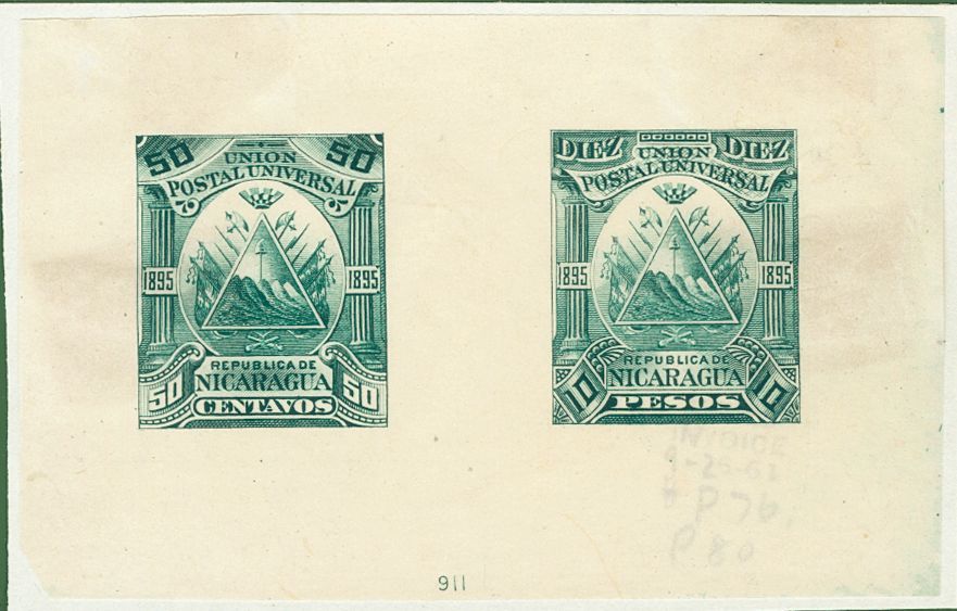 3037 Nicaragua. 1895. Yv. (*) 76, 80. 50 Ctvos Y 10 Pesos. PRUEBA DE PUNZON COLECTIVA, En Verde Con Numeración. MAGNIFIC - Nicaragua