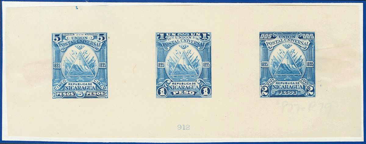 3038 Nicaragua. 1895. Yv. (*) 77, 78, 79. 1 Peso, 2 Pesos Y 5 Pesos. PRUEBA DE PUNZON COLECTIVA, En Azul Con Numeración. - Nicaragua