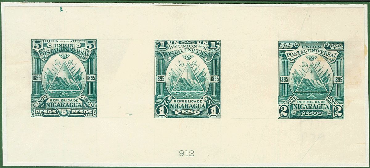 3039 Nicaragua. 1895. Yv. (*) 77, 78, 79. 1 Peso, 2 Pesos Y 5 Pesos. PRUEBA DE PUNZON COLECTIVA, En Verde Con Numeración - Nicaragua