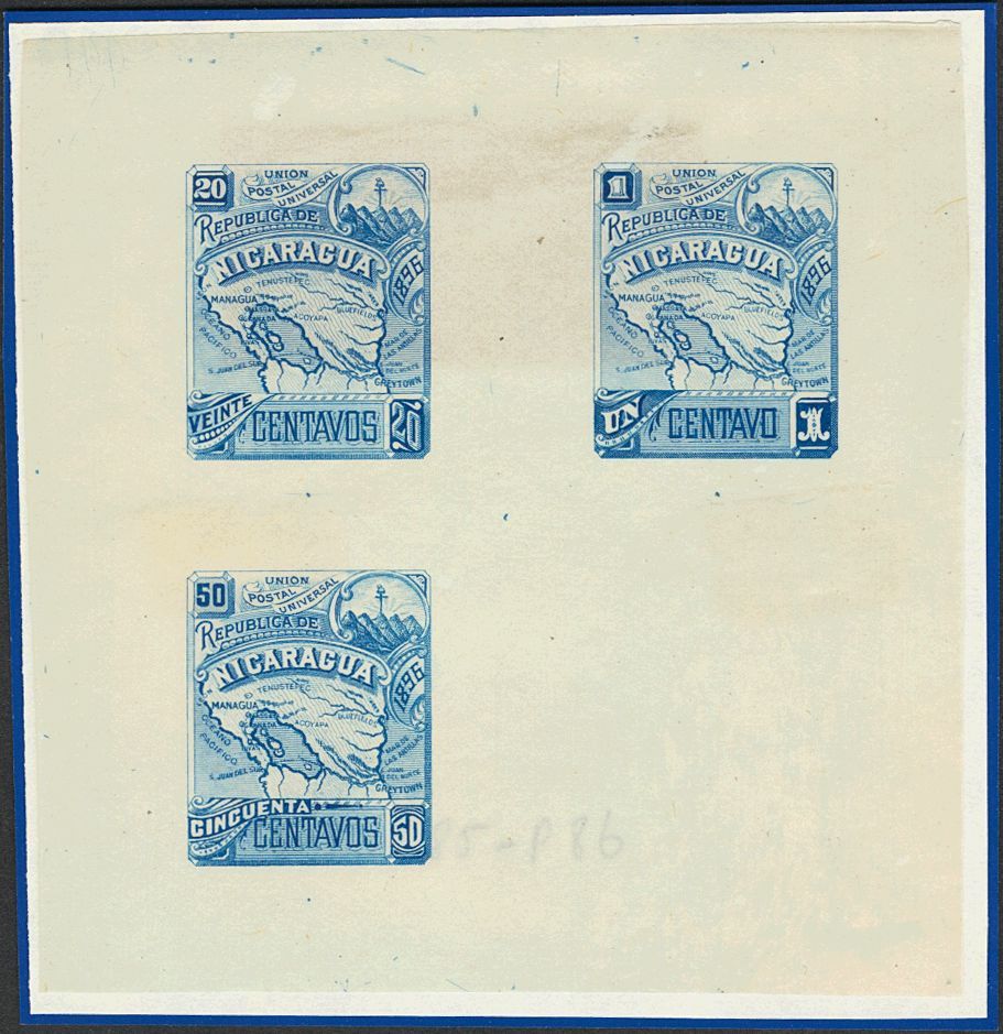 3043 Nicaragua. 1896. Yv. (*) 81, 85, 86. 1 Ctvo, 20 Ctvos Y 50 Ctvos. PRUEBA DE PUNZON COLECTIVA, En Azul. MAGNIFICA Y  - Nicaragua