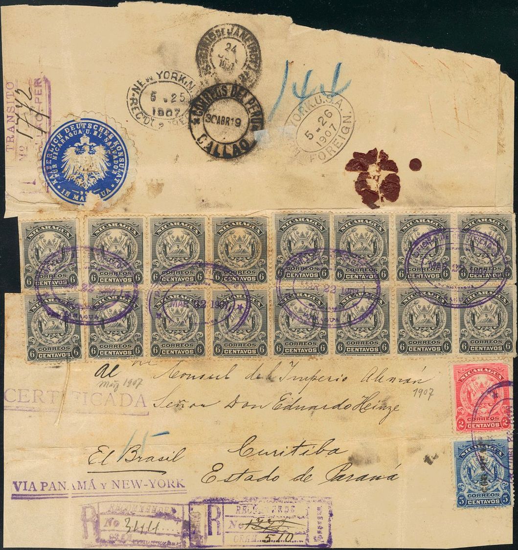 3049 Nicaragua. 1907. SOBRE. Yv. 197, 200, 201(16). 2 Ctvos Rosa, 5 Ctvos Azul Y 6 Ctvos Gris Negro, Dieciséis Sellos. F - Nicaragua