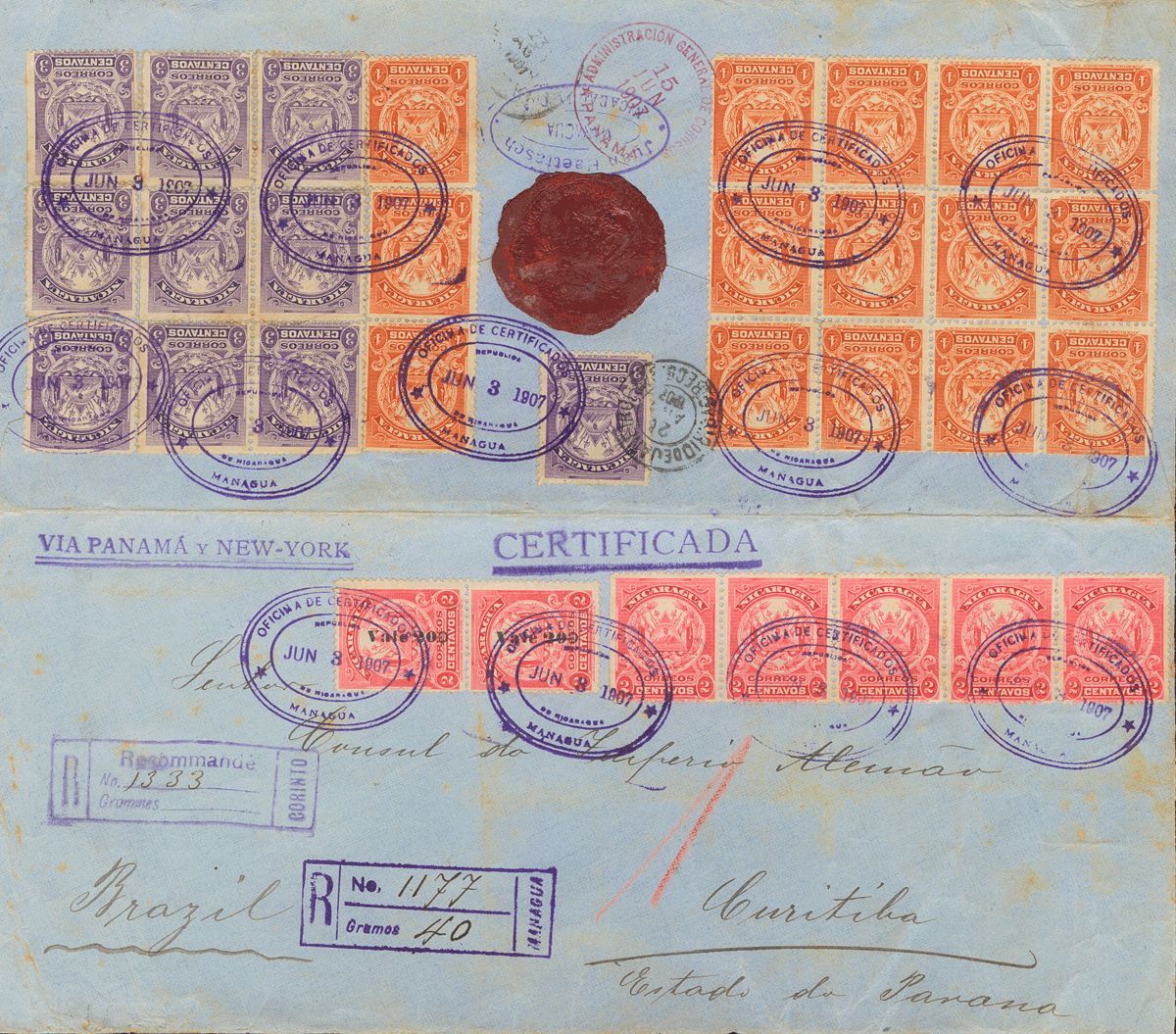 3050 Nicaragua. 1907. SOBRE. Yv. 197(5),198(10),199(15),215(2). 2 Ctvos Rosa, Cinco Sellos, 3 Ctvos Violeta, Diez Sellos - Nicaragua