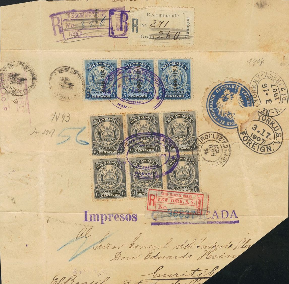 3054 Nicaragua. 1907. SOBRE. Yv. 201(6), 216(3). 6 Ctvos Gris Negro, Bloque De Seis Y 20 Ctvos Sobre 5 Ctvos Azul. Faja  - Nicaragua