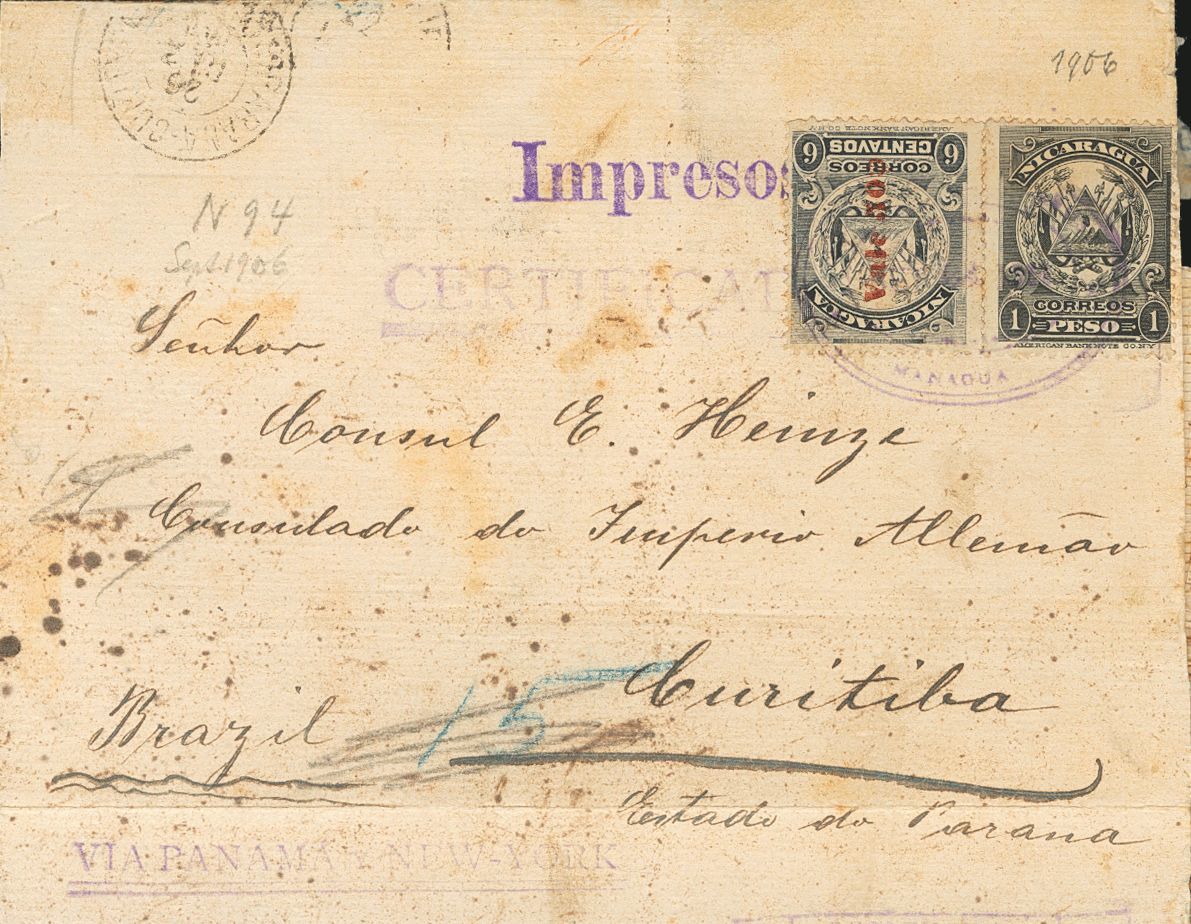 3056 Nicaragua. 1906. SOBRE. Yv. 206, 218. 1 Peso Negro Y 50 Ctvos Sobre 6 Ctvos Gris Negro. Envuelta De Impresos De MAN - Nicaragua