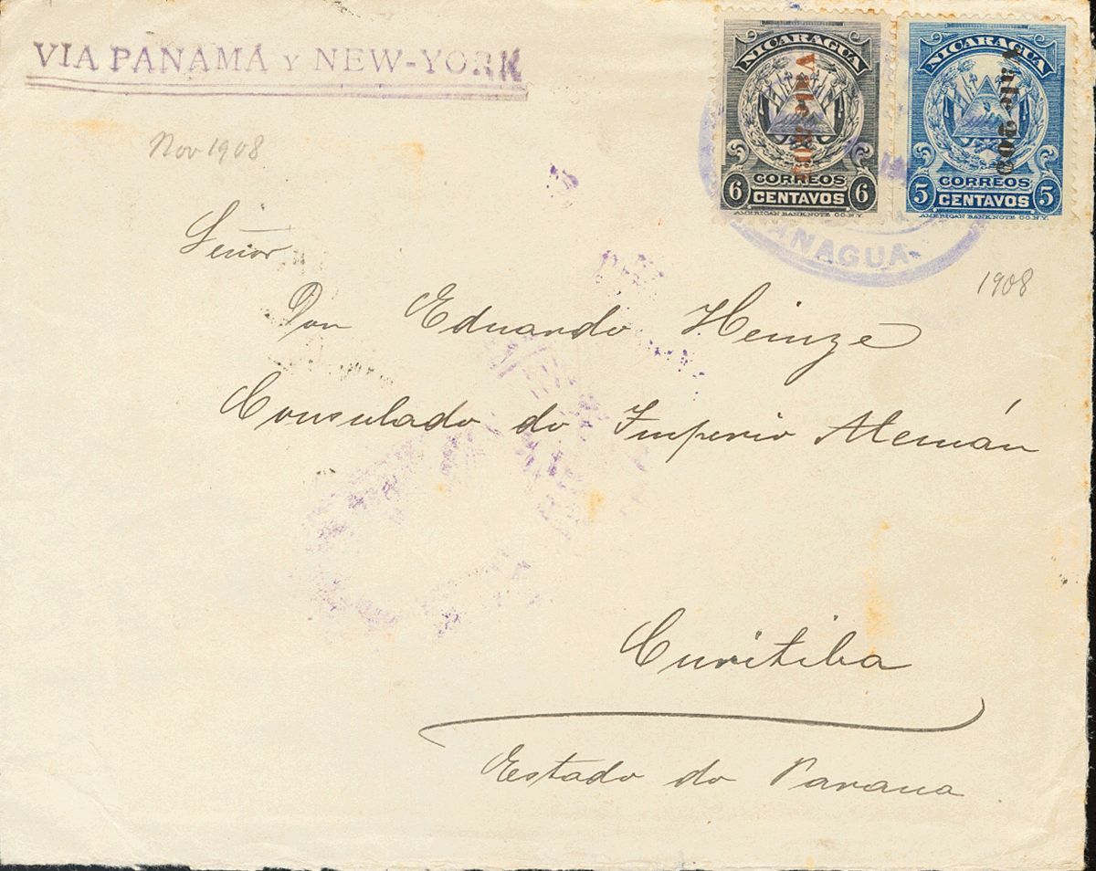 3058 Nicaragua. 1908. SOBRE. Yv. 216, 218. 20 Ctvos Sobre 5 Ctvos Azul Y 50 Ctvos Sobre 6 Ctvos Negro. MANAGUA A CURITIB - Nicaragua