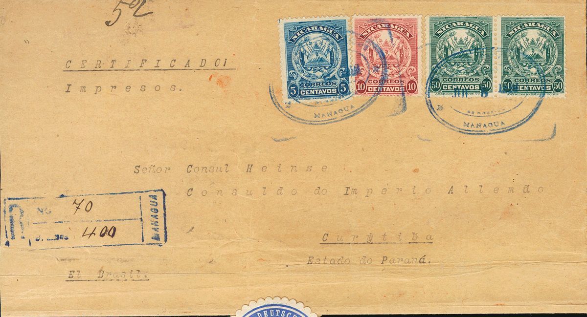 3066 Nicaragua. 1908. SOBRE. Yv. 254, 256, 259(2). 5 Ctvos Azul, 10 Ctvos Carmín Y 50 Ctvos Verde, Dos Sellos. Faja De I - Nicaragua