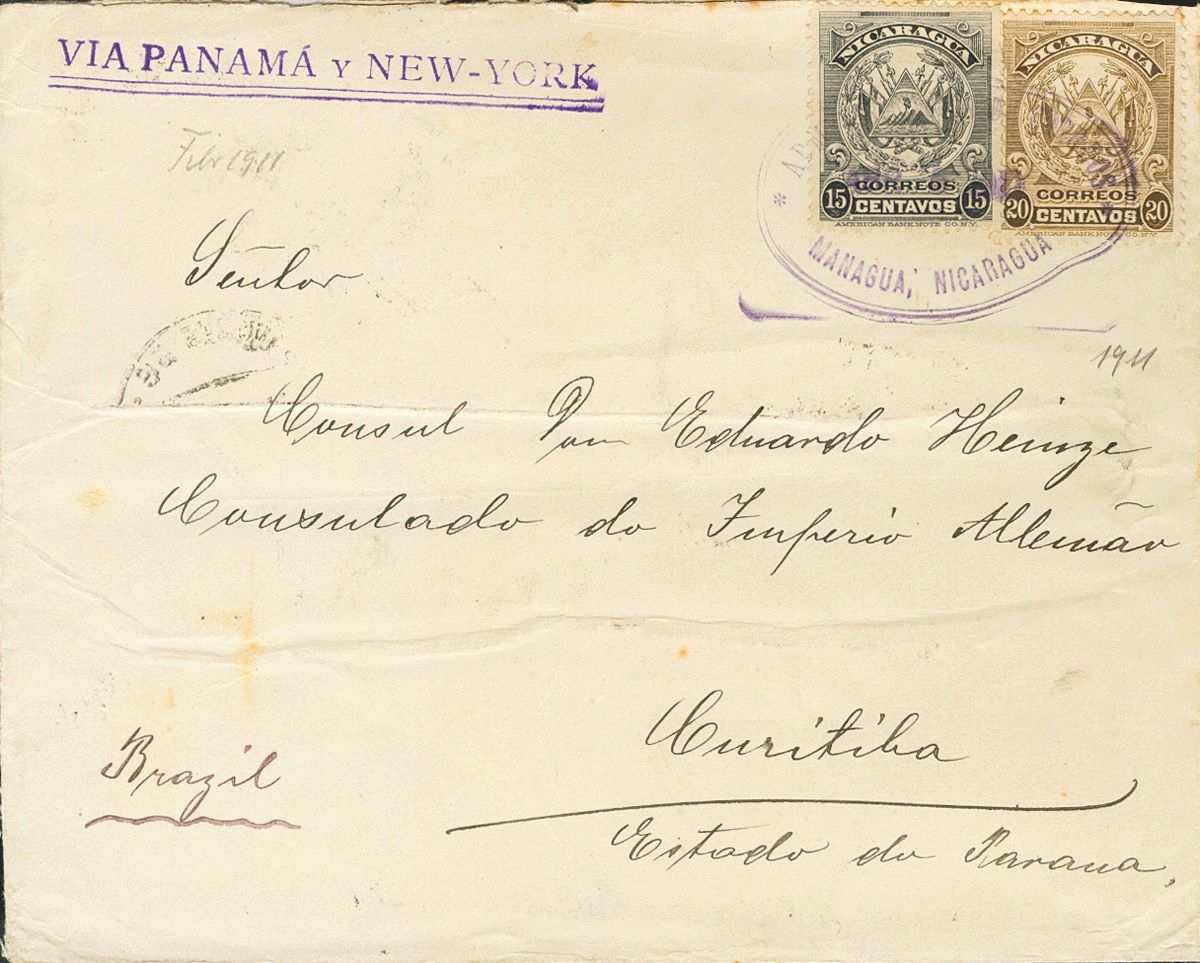 3068 Nicaragua. 1911. SOBRE. Yv. 257, 258. 15 Ctvos Negro Y 20 Ctvos Oliva. MANAGUA A CURITIBA (BRASIL). Circulada Vía C - Nicaragua