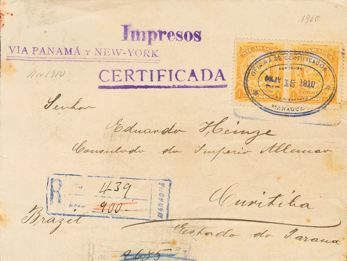 3070 Nicaragua. 1910. SOBRE. Yv. 260(2). 1 Peso Naranja, Dos Sellos. Faja De Impresos Certificada De MANAGUA A CURITIBA  - Nicaragua