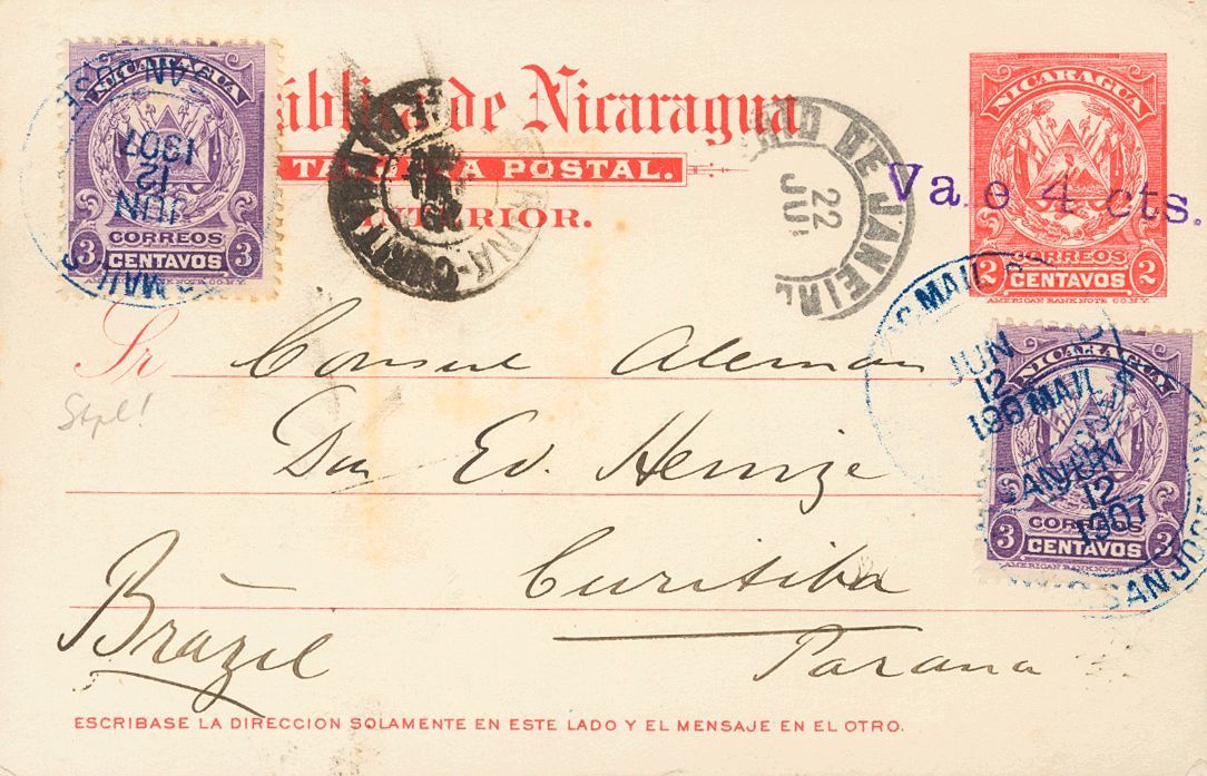 3076 Nicaragua. Entero Postal. 1907. SOBRE. Yv. 198(2). Vale 4 Cts Sobre 2 Ctvos Rosa Sobre Tarjeta Entero Postal De SAN - Nicaragua