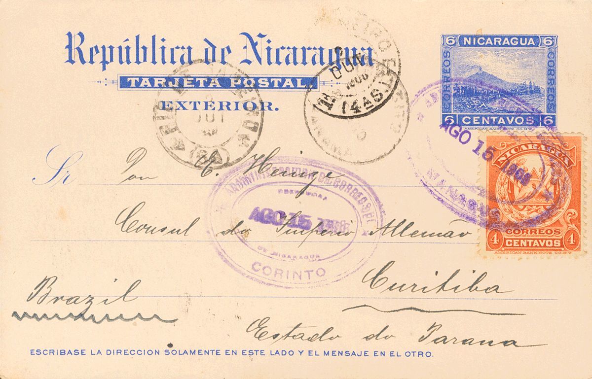 3077 Nicaragua. Entero Postal. 1906. SOBRE. Yv. 199. 6 Ctvos Azul Sobre Tarjeta Entero Postal De MANAGUA A CURITIBA (BRA - Nicaragua