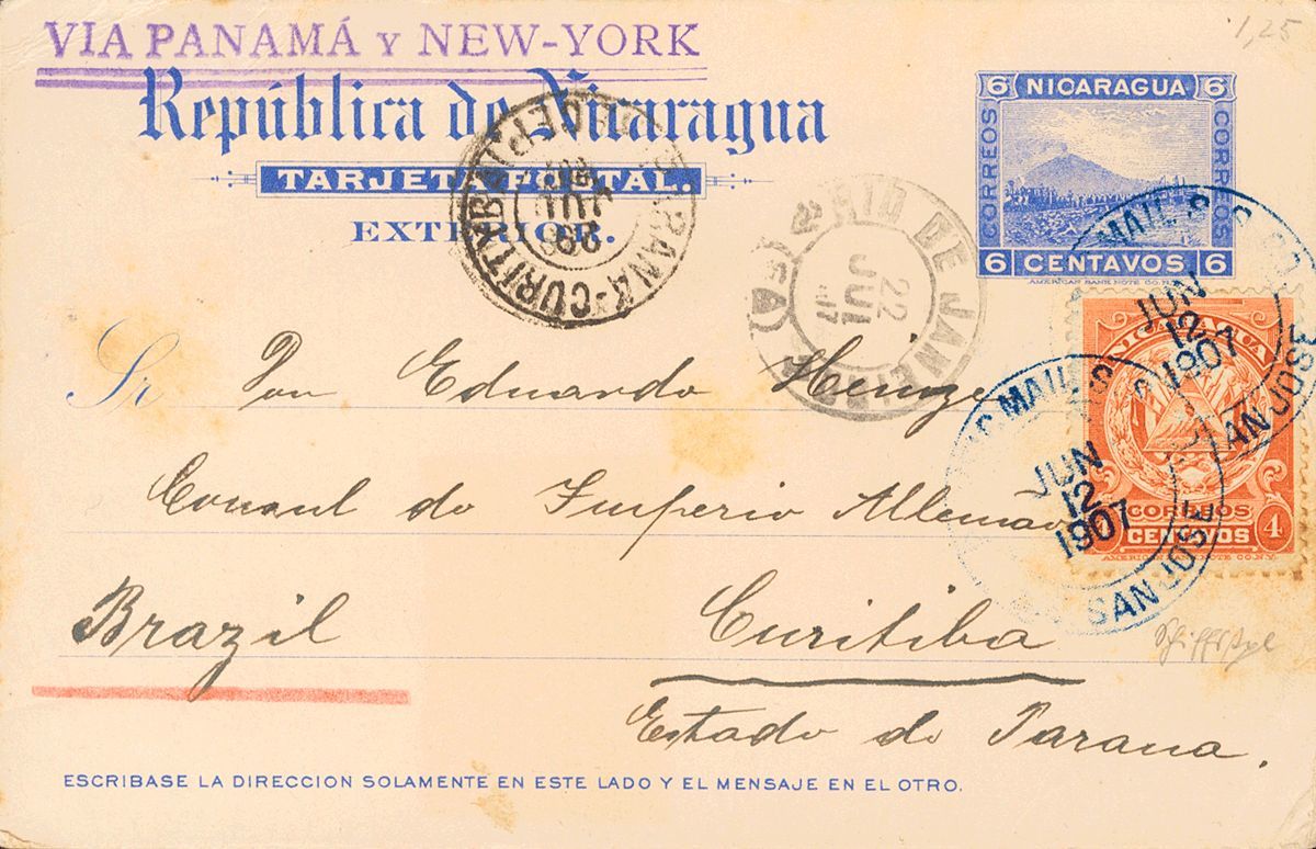 3078 Nicaragua. Entero Postal. 1907. SOBRE. Yv. 199. 6 Ctvos Azul Sobre Tarjeta Entero Postal De SAN JOSE A CURITIBA (BR - Nicaragua