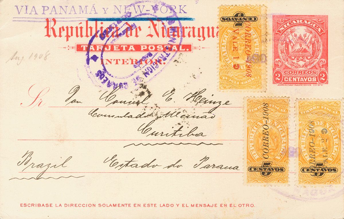 3079 Nicaragua. Entero Postal. 1908. SOBRE. Yv. 232, 233, 235. 2 Ctvos Rosa Sobre Tarjeta Entero Postal De MANAGUA A CUR - Nicaragua
