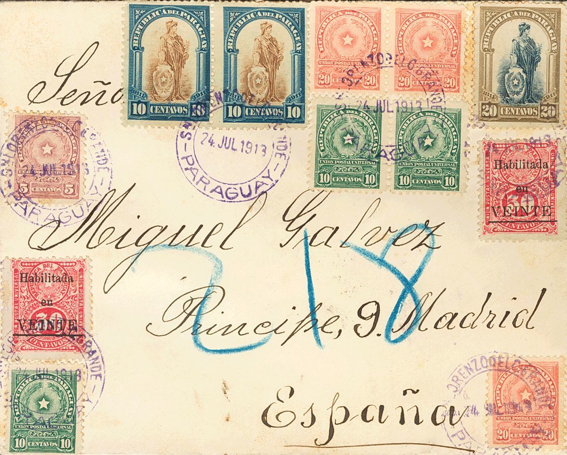 3084 Paraguay. 1913. SOBRE. Yv. 202,203/04(3),195(2),196,199(2. 5 Ctvos Lila, 10 Ctvos Verde, Tres Sellos, 20 Ctvos Rojo - Paraguay
