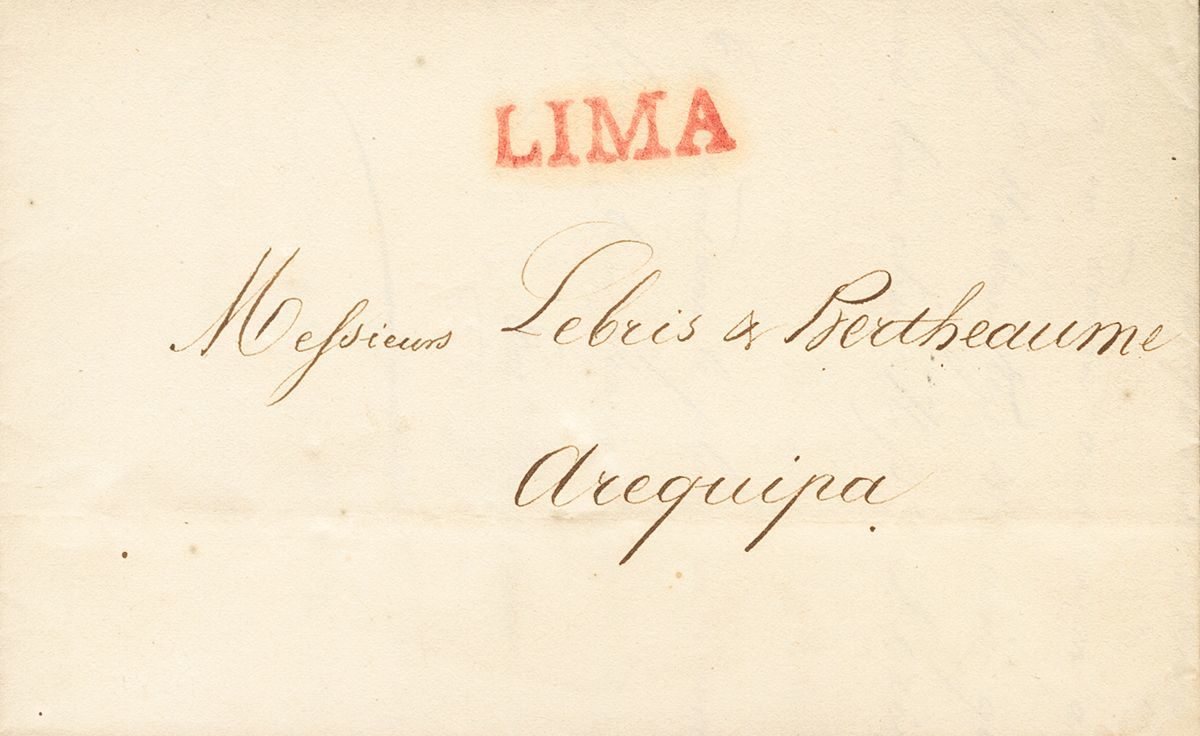 3088 Perú. Prefilatelia. 1829. SOBRE. LIMA A AREQUIPA. Marca LIMA, En Rojo. MAGNIFICA ESTAMPACION. (Colareta 11) - Peru