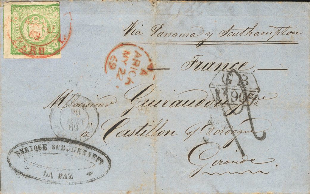 3090 Perú. 1869. SOBRE. Yv. 13. 1 D Verde Amarillo. LA PAZ (BOLIVIA) A CASTILLON SUR DORDOGNE (FRANCIA), Encaminada Hast - Peru