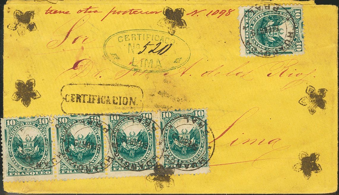 3091 Perú. 1879. SOBRE. Yv. 22(5). 10 Ctvos Verde, Cinco Sellos. Certificado De HUANCAVELICA A LIMA. Matasello HUANCVCA  - Peru