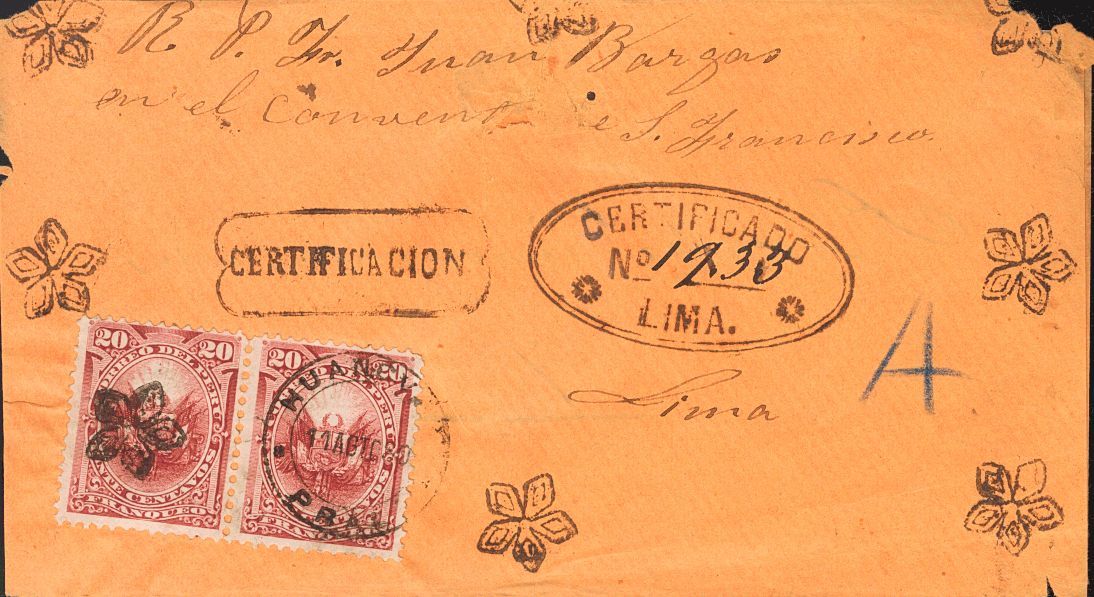3093 Perú. 1880. SOBRE. Yv. 23(2). 20 Ctvos Carmín, Pareja. Certificado De HUANCAVELICA A LIMA. En El Frente Marcas De C - Peru