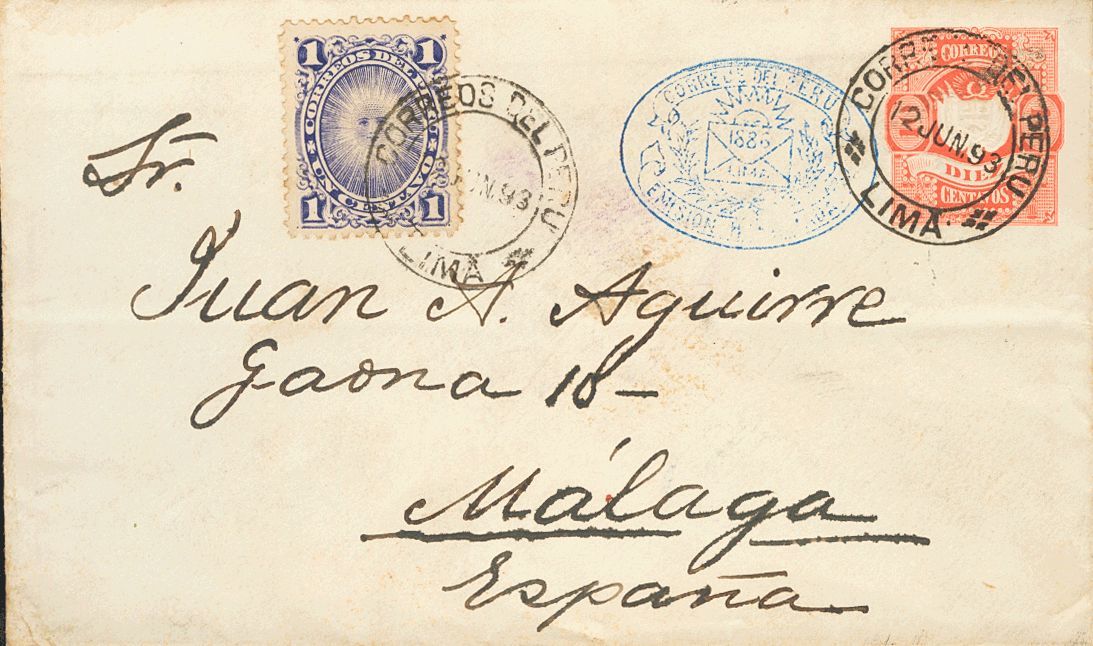 3099 Perú. Entero Postal. 1893. SOBRE. Yv. 76. 10 Ctvos Rosa Sobre Entero Postal De LIMA A MALAGA, Con Franqueo Compleme - Peru